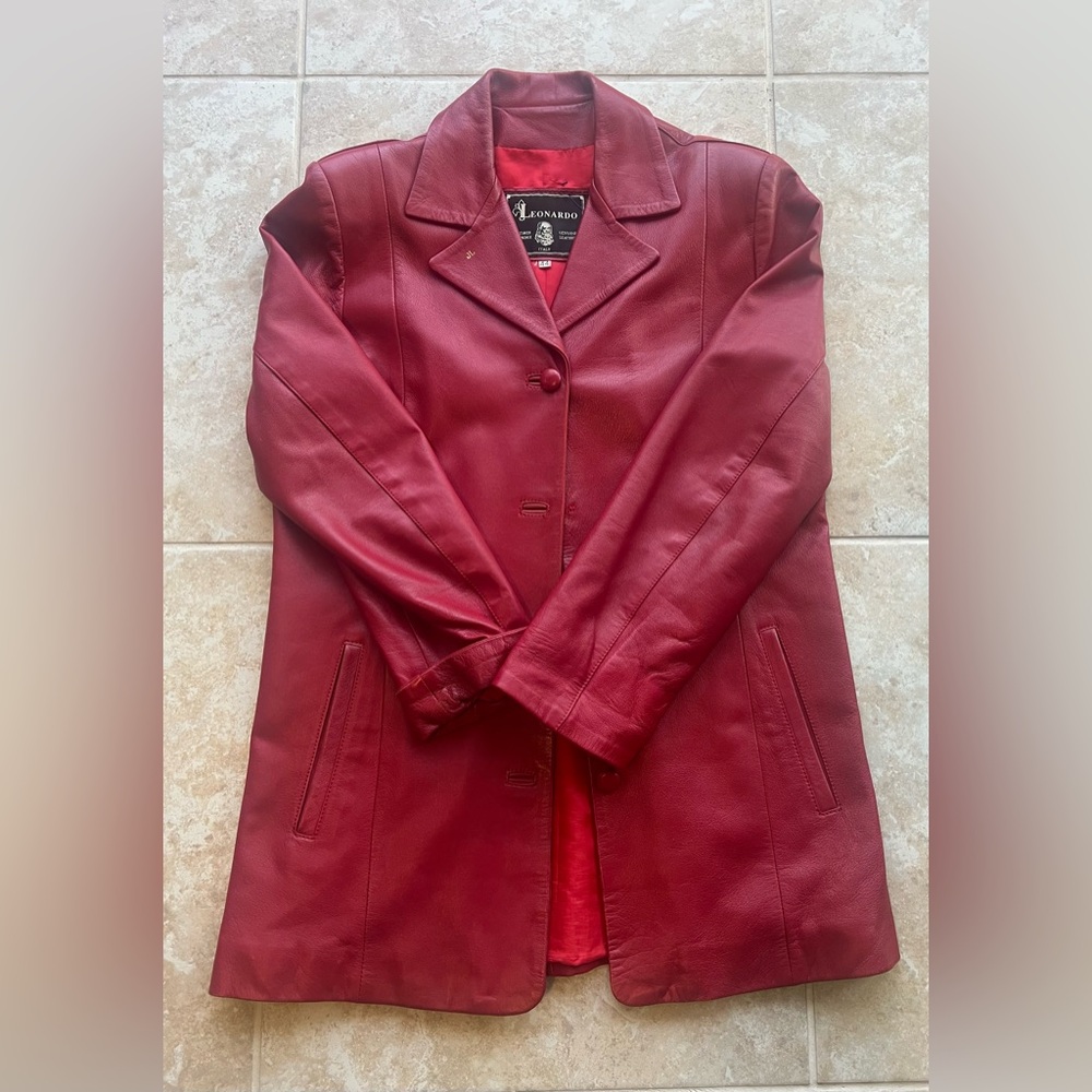 Leonardo 100% Genuine Leather Jacket Red Women’s Large Button Front Blazer